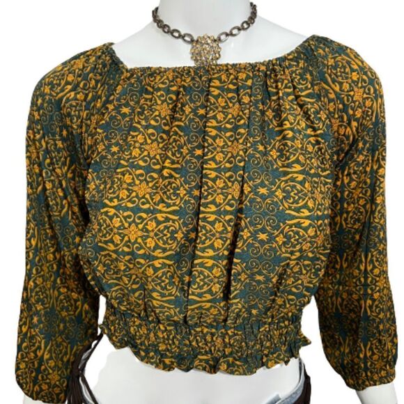 Vintage Y2K Earthbound Trading‎ Company Teal and Gold Elasticized Crop Top - S - Picture 1 of 14